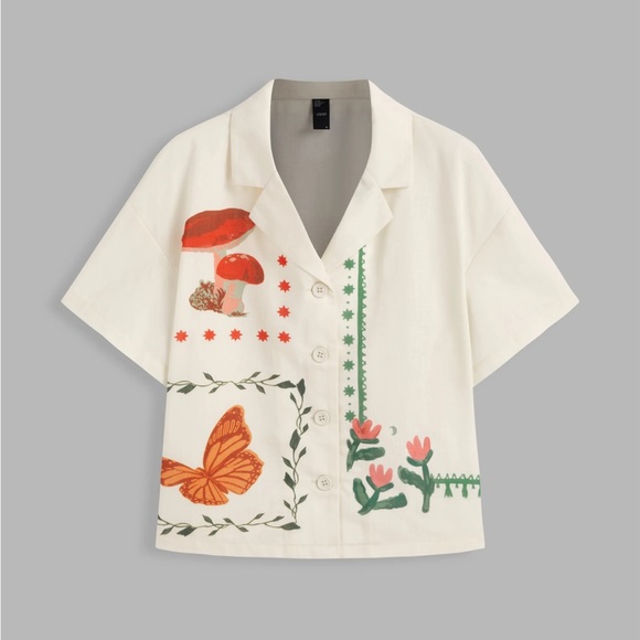 Collar Floral & Mushroom Short Sleeve Shirt (M) - Picture 2 of 7